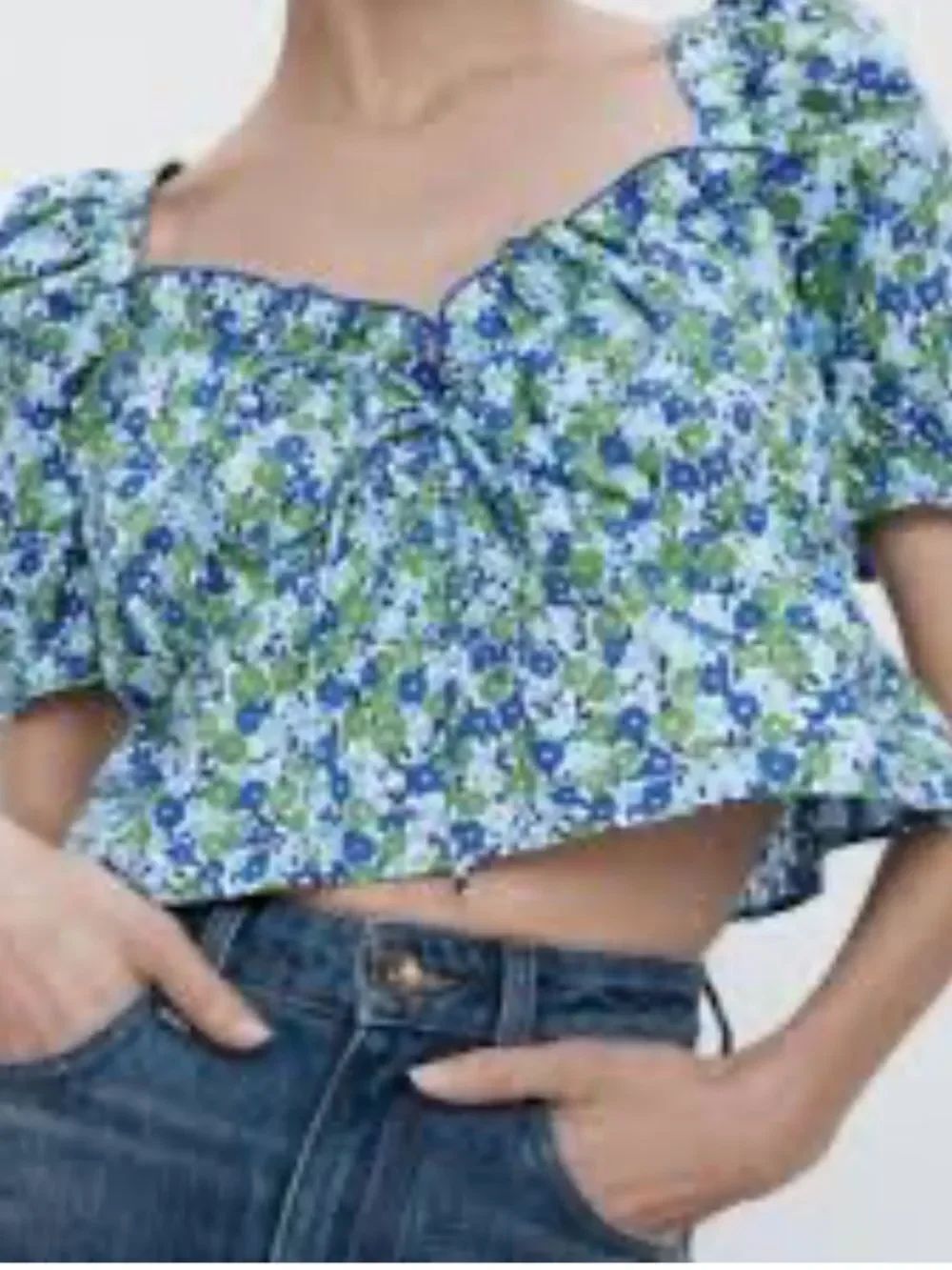 Zara Blue and Green Floral Puff-Sleeve Crop Top XS